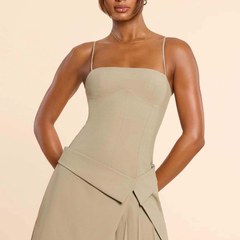 Oh Polly 
Woven Twill Wrap Over Pleated Mini Dress in Taupe